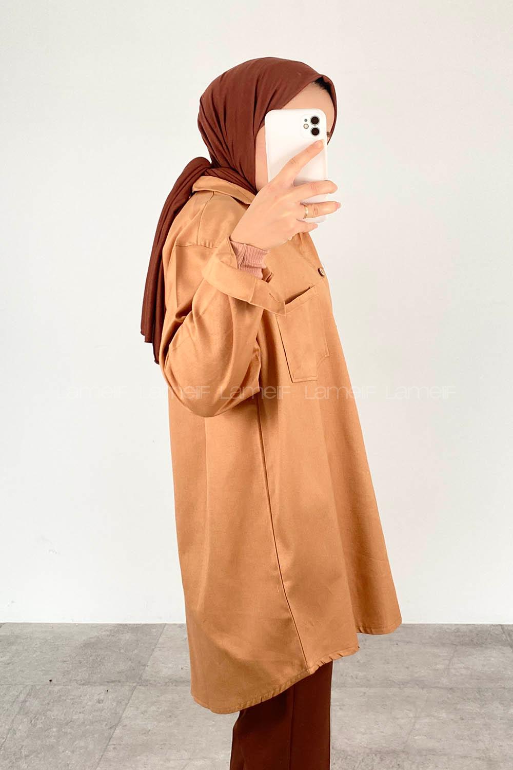 Modalamelif Kapaklı Tek Cepli Tahta Düğmeli Gömlek Taba