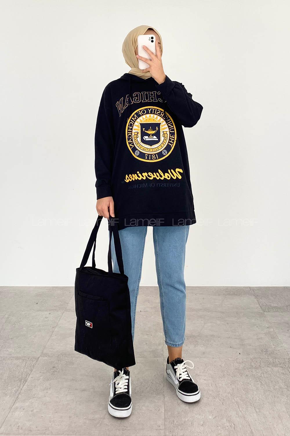Lamelif Mıchıgan Yazı Baskılı Kapüşonlu Sweat Siyah