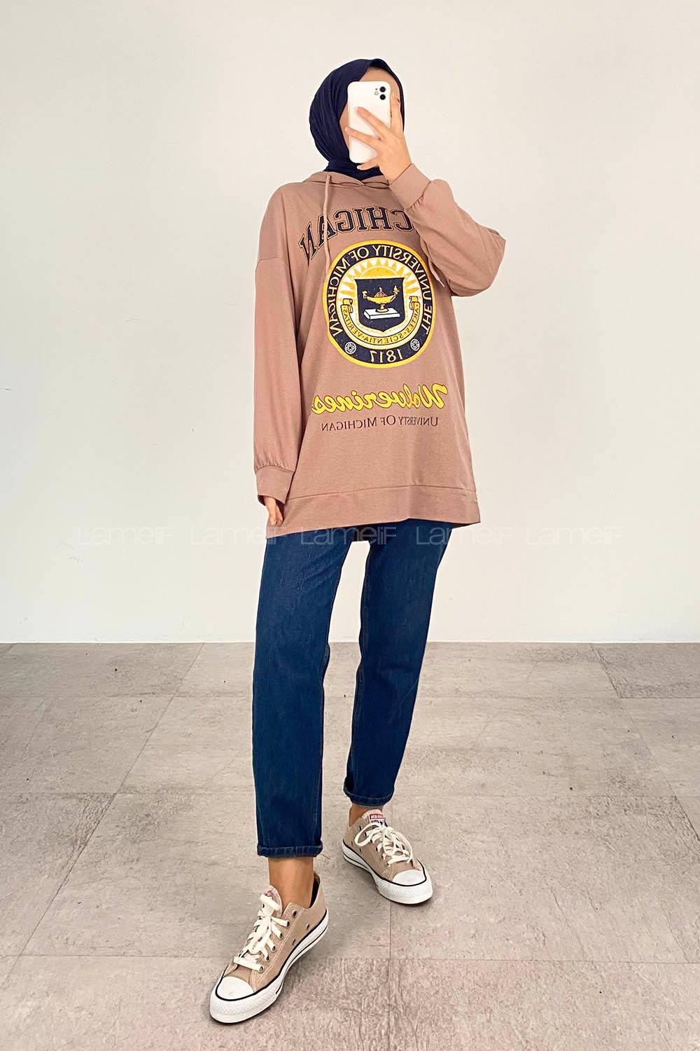 Soft Brown Hood Neck Half Arm Arm Unprinted Sweatshirt