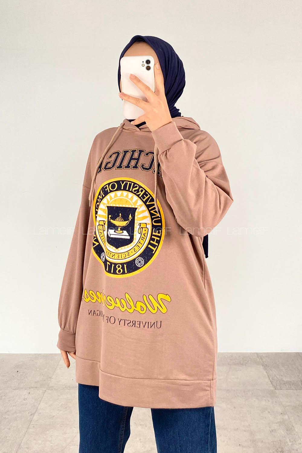 Soft Brown Hood Neck Half Arm Arm Unprinted Sweatshirt