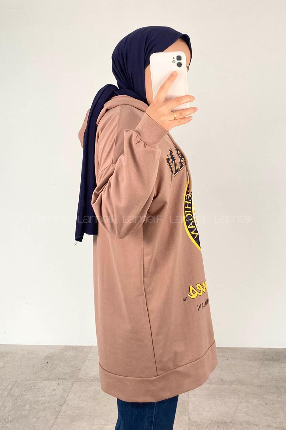 Soft Brown Hood Neck Half Arm Arm Unprinted Sweatshirt