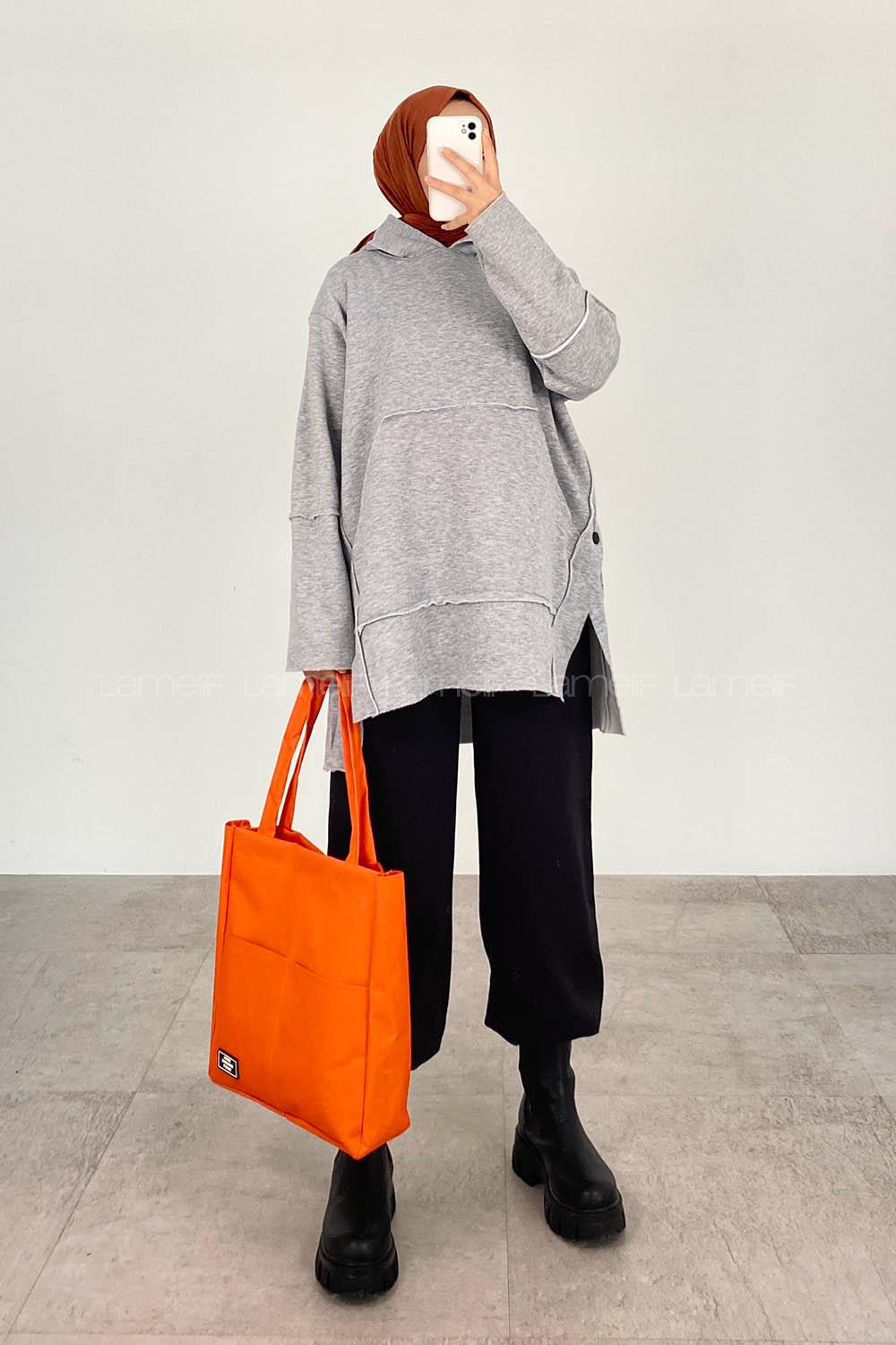 Modalamelif Yanı Düğme Detaylı Oversize Sweatshirt Gri