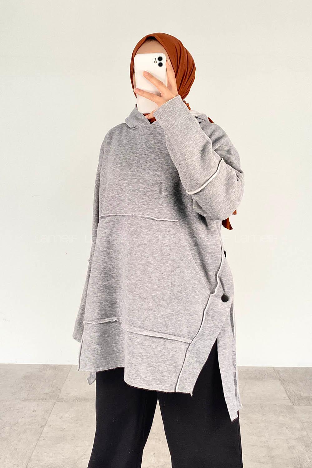 Modalamelif Yanı Düğme Detaylı Oversize Sweatshirt Gri