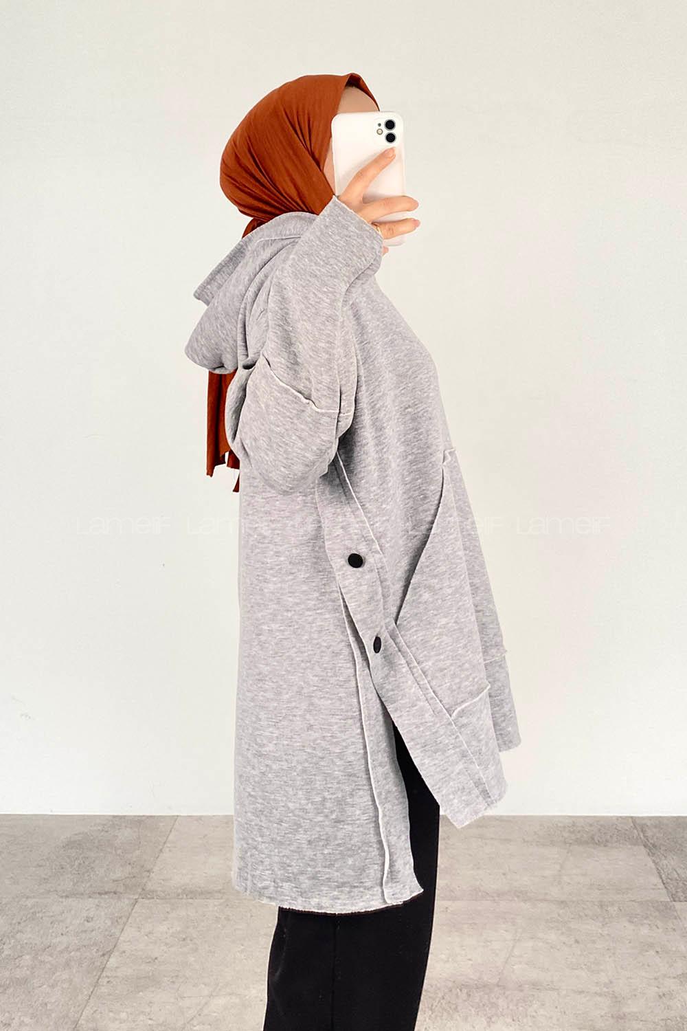 Modalamelif Yanı Düğme Detaylı Oversize Sweatshirt Gri