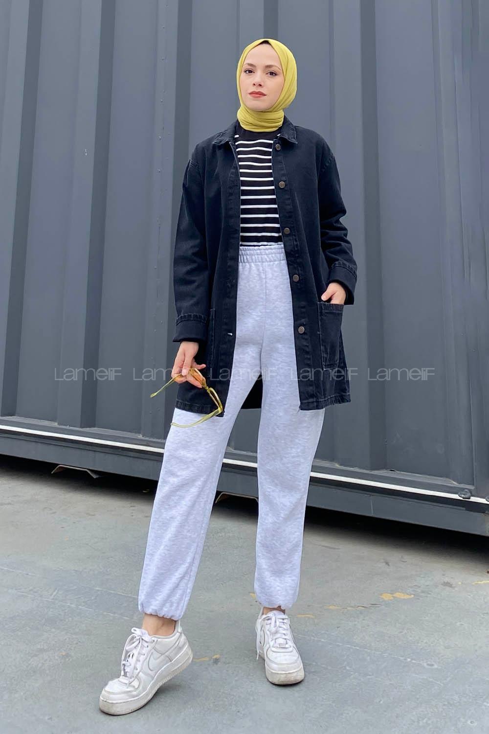 Lamelif Cepli Düğmeli Eskitme Kot Füme