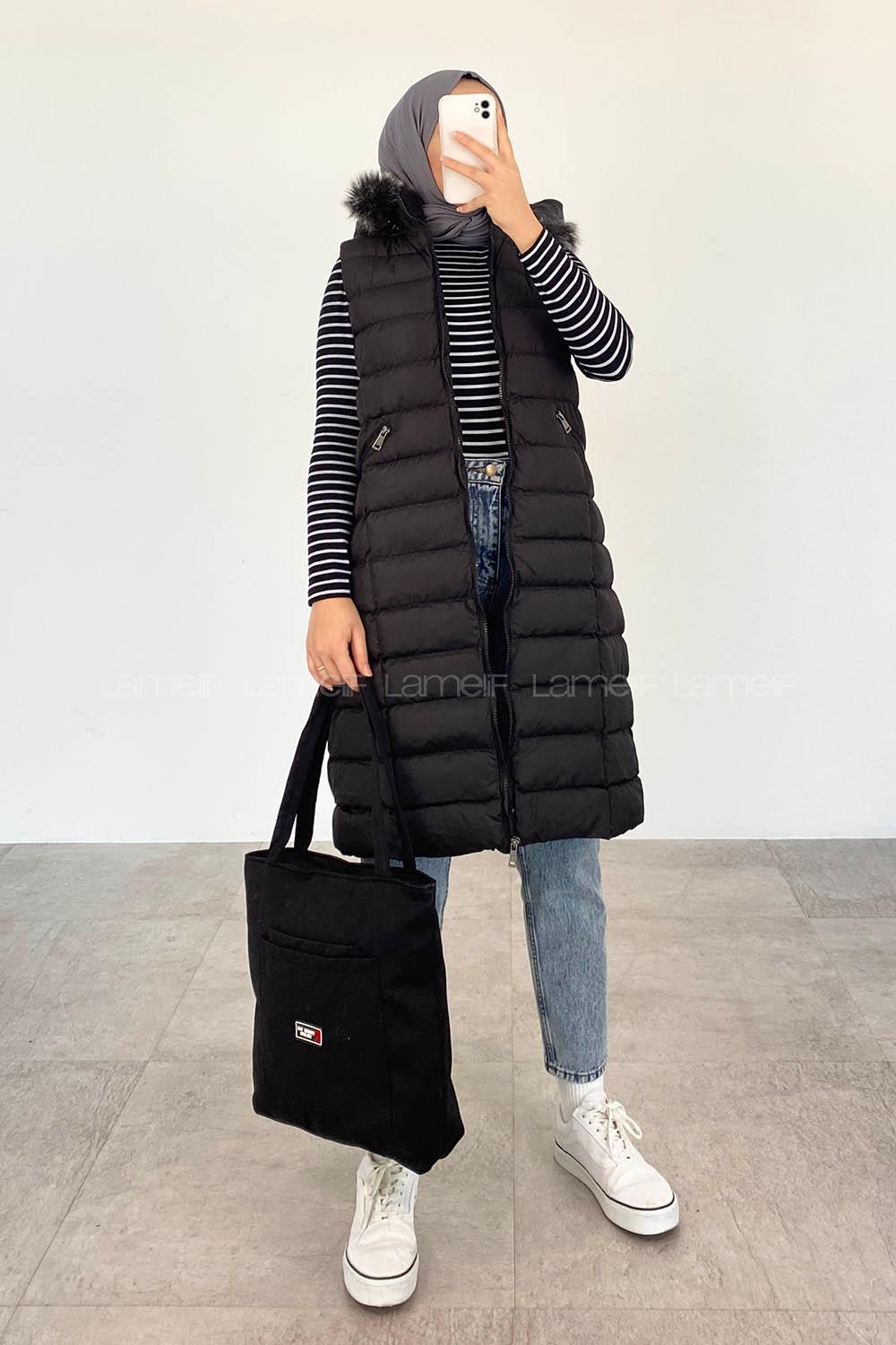 Modalamelif Kapşonlu Uzun Şişme Yelek  Siyah