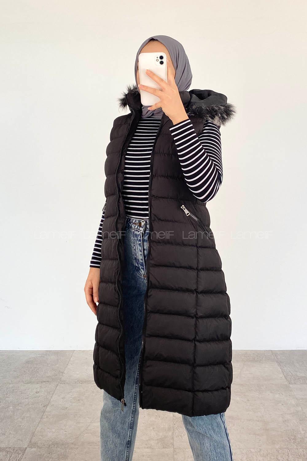 Modalamelif Kapşonlu Uzun Şişme Yelek  Siyah