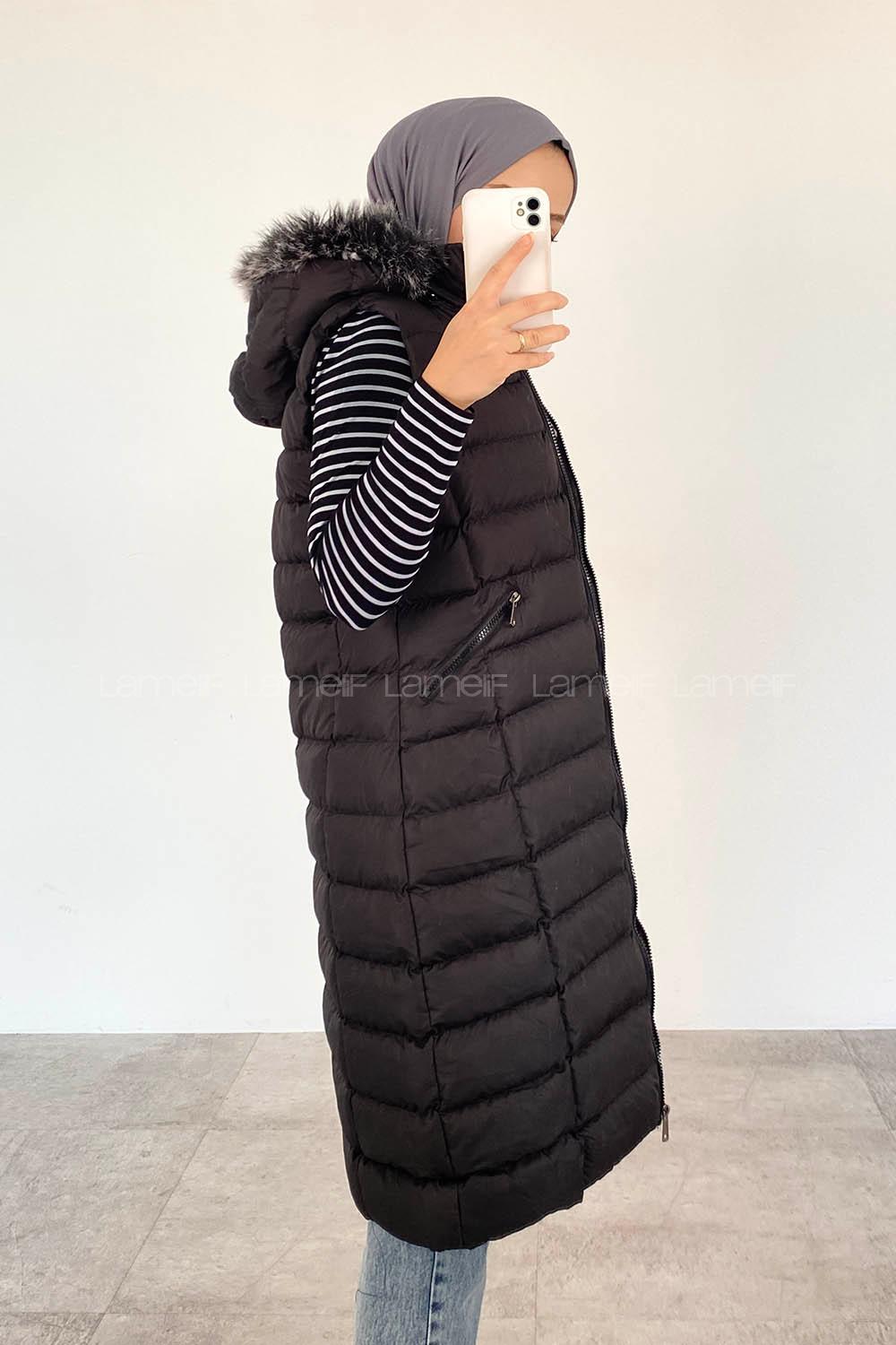 Modalamelif Kapşonlu Uzun Şişme Yelek  Siyah