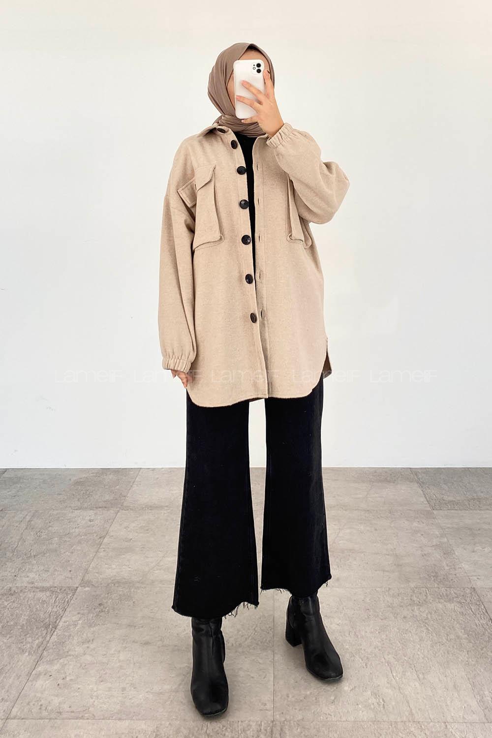 Beige Shirt Collar Long Arm Cotton Jacket