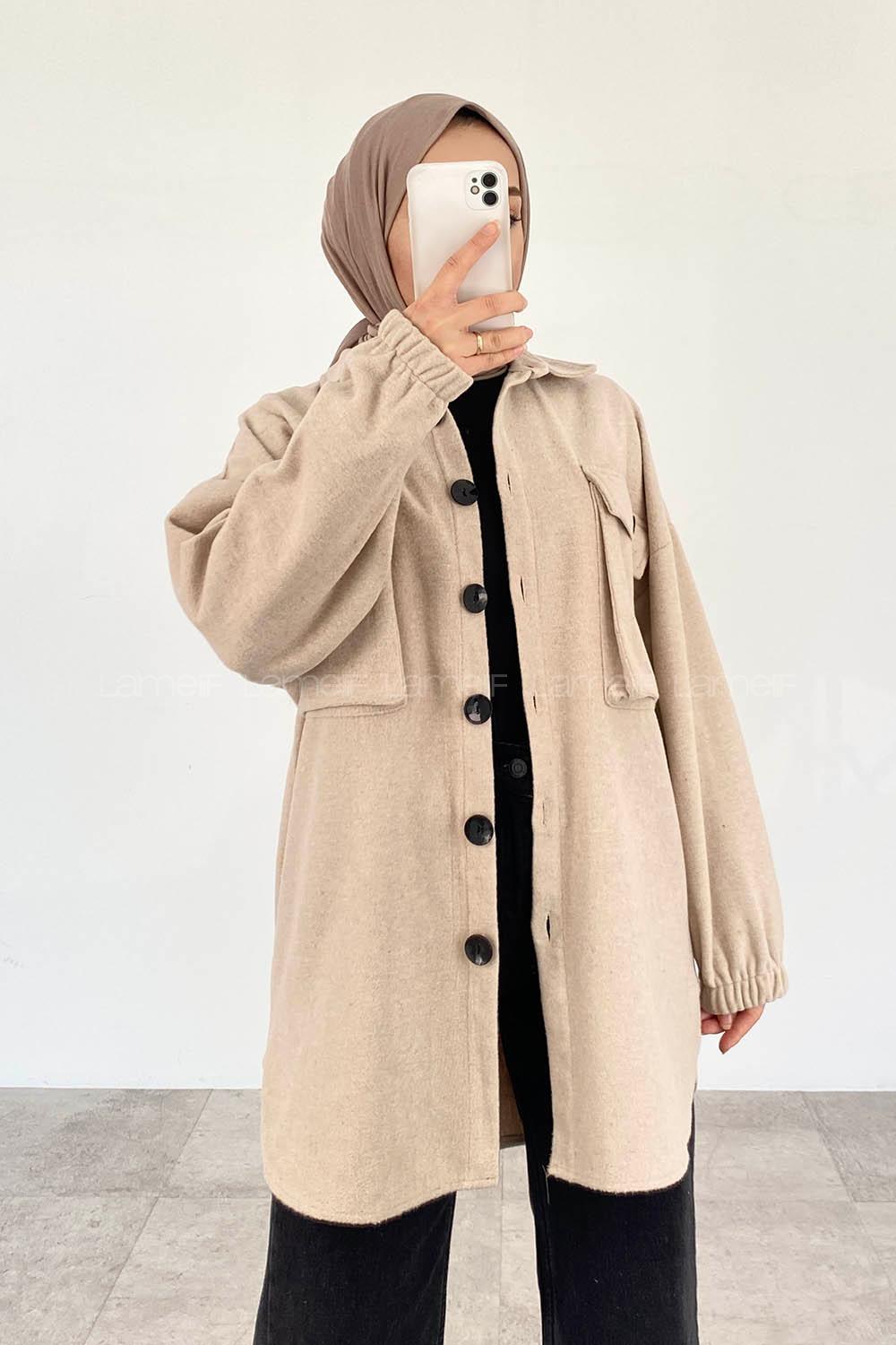 Beige Shirt Collar Long Arm Cotton Jacket