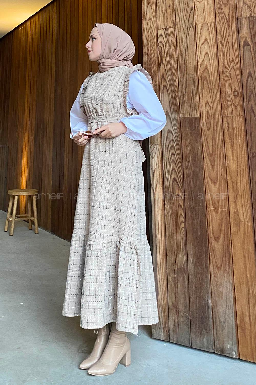 Brown With Milk Mandarin Collar Cotton Fabric Unprinted Dresess