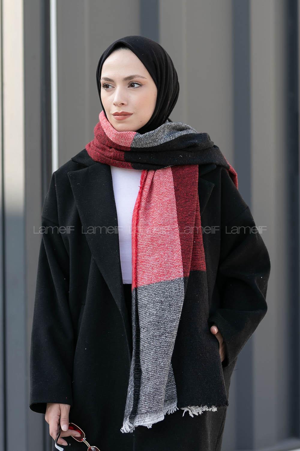 Lamelif Ekose Desen Omuz Şal Siyah-Kırmızı