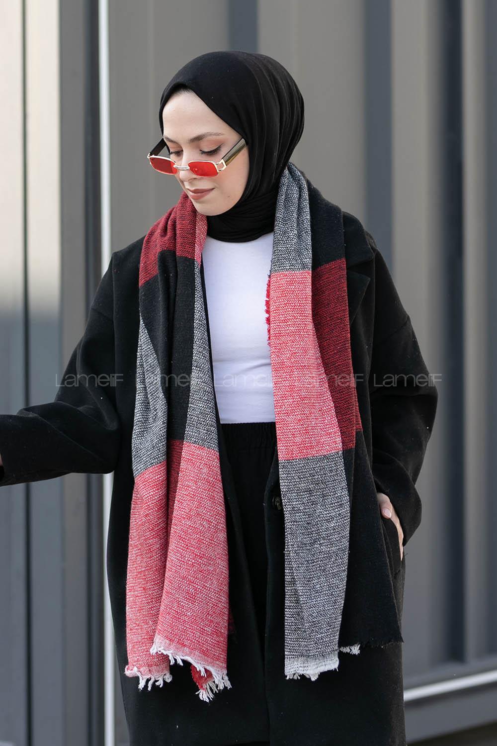 Lamelif Ekose Desen Omuz Şal Siyah-Kırmızı