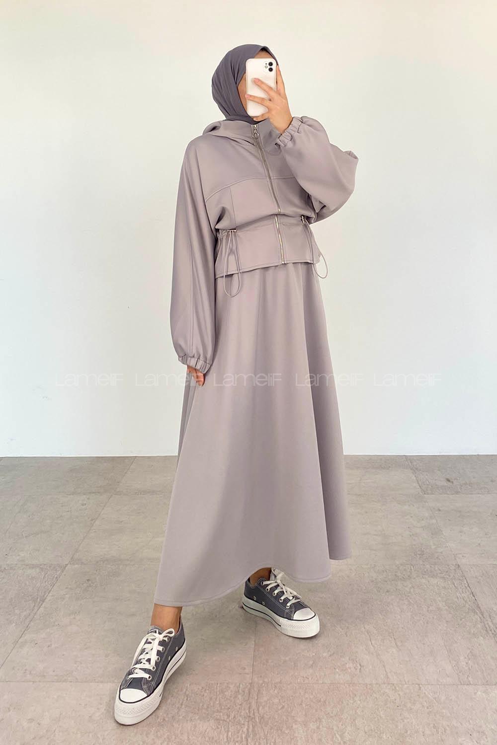 Modalamelif Kapüşonlu Fermuarlı Etekli Scuba Takım Gri