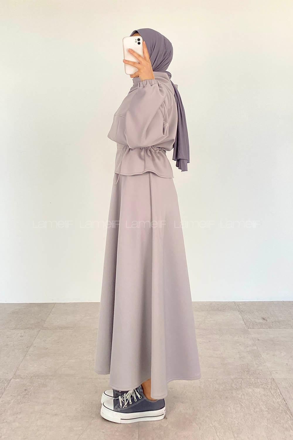 Modalamelif Kapüşonlu Fermuarlı Etekli Scuba Takım Gri