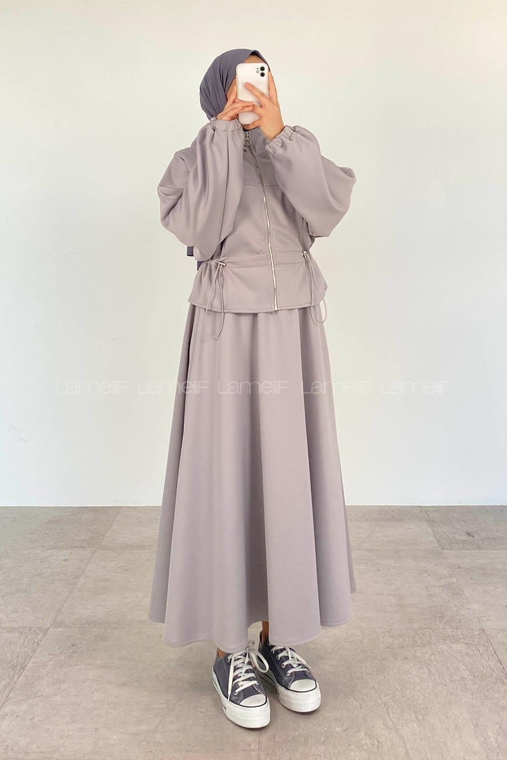 Modalamelif Kapüşonlu Fermuarlı Etekli Scuba Takım Gri