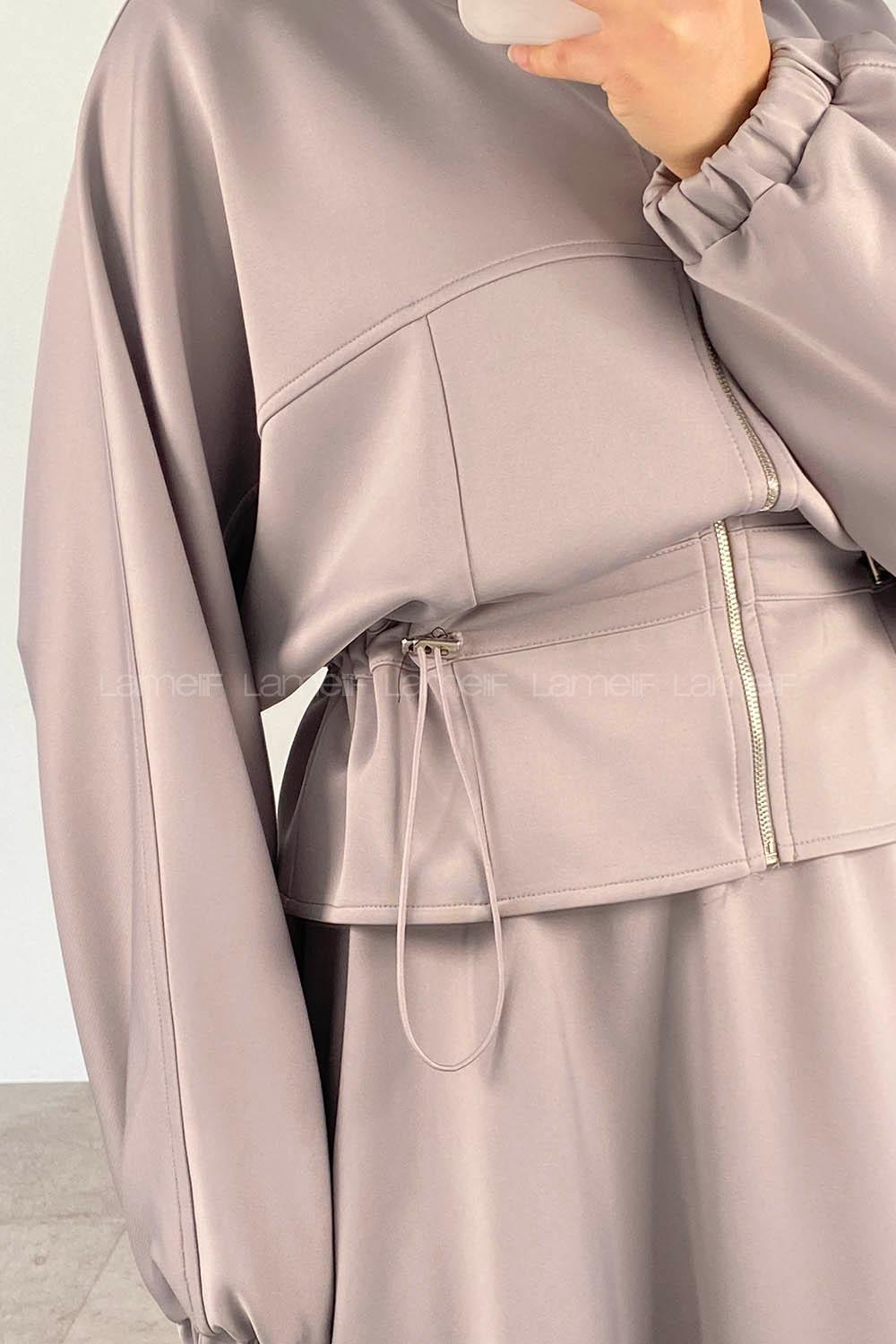 Modalamelif Kapüşonlu Fermuarlı Etekli Scuba Takım Gri