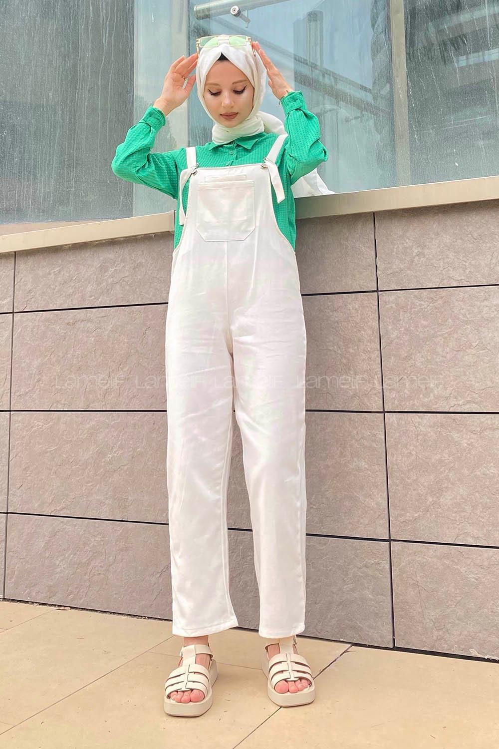 Modalamelif Ön ve Arka Cepli Keten Salopet Ekru