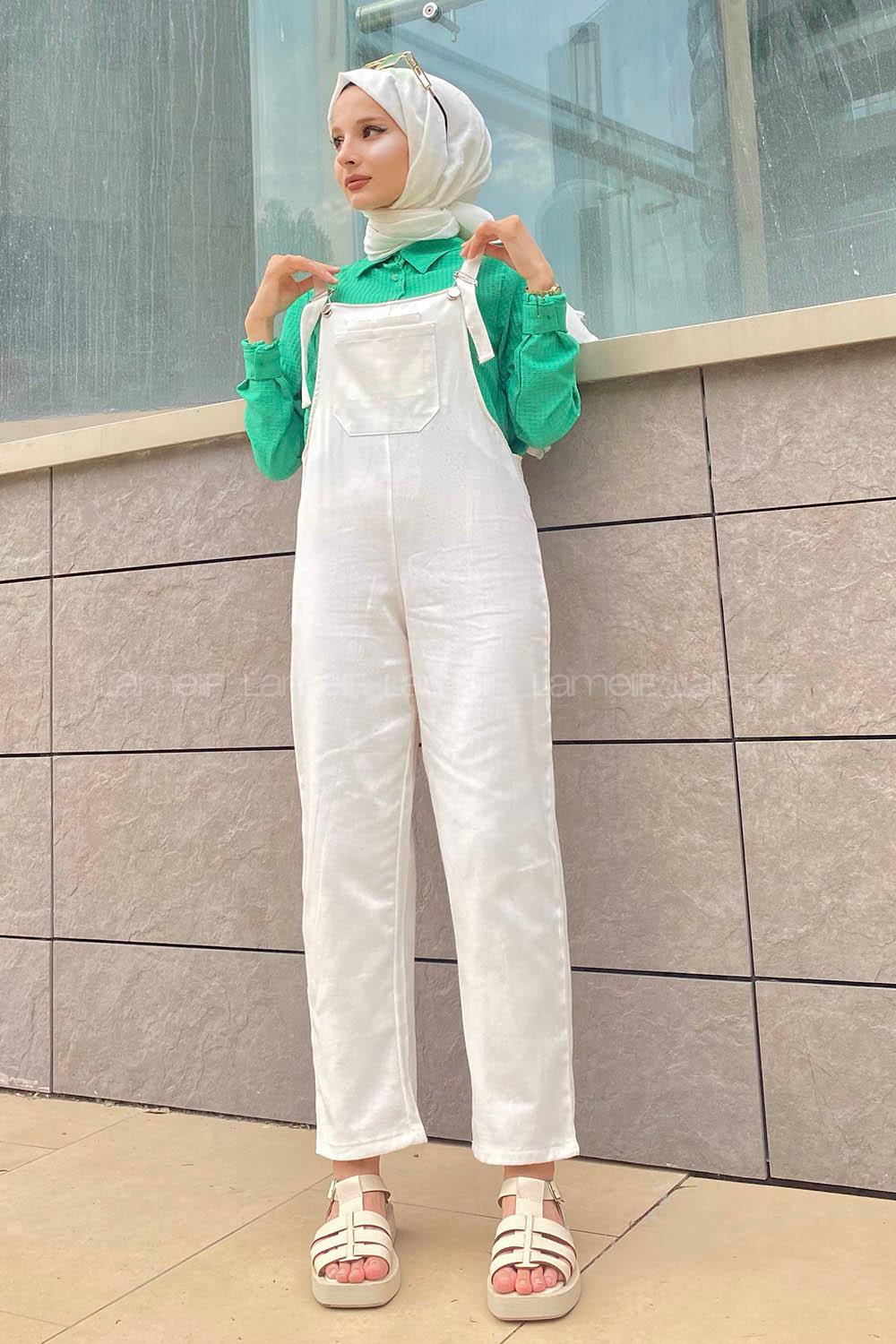 Modalamelif Ön ve Arka Cepli Keten Salopet Ekru