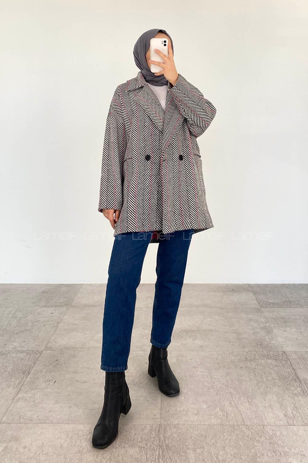 Modalamelif Düğmeli Oversize Çizgili Kaban Siyah-Fuşya