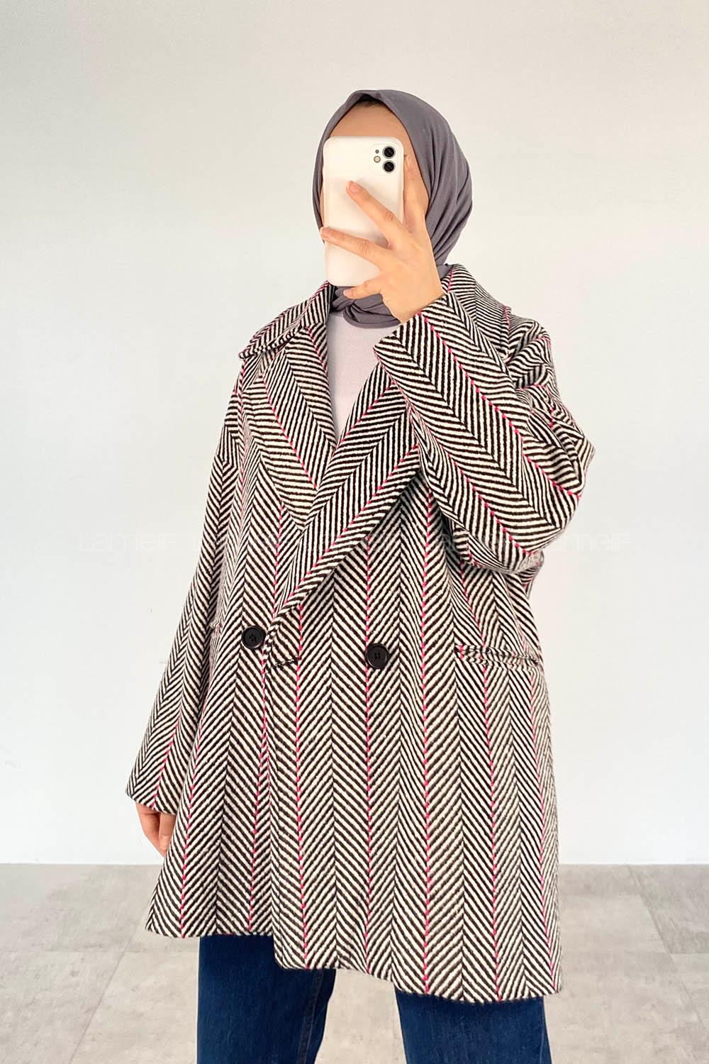 Modalamelif Düğmeli Oversize Çizgili Kaban Siyah-Fuşya