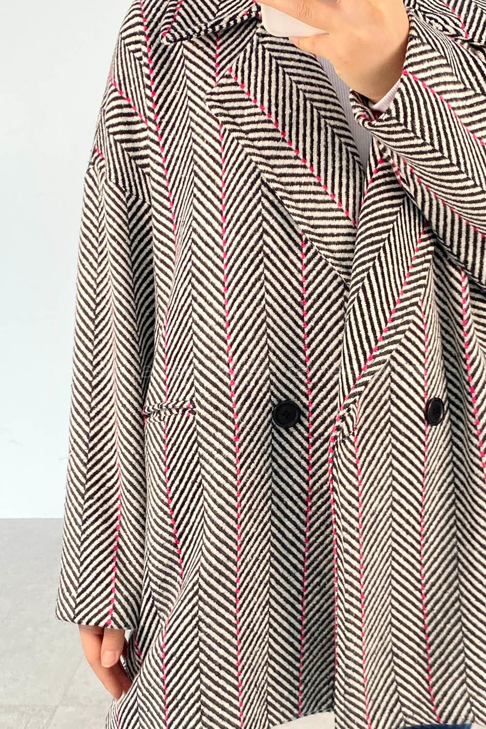 Modalamelif Düğmeli Oversize Çizgili Kaban Siyah-Fuşya