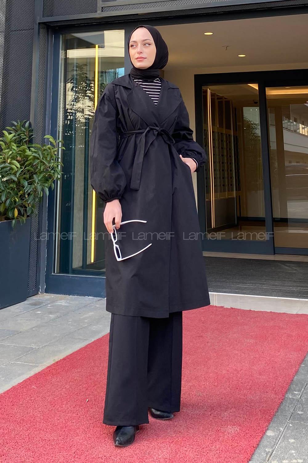 Lamelif Balon Kol Kuşaklı Trençkot Siyah