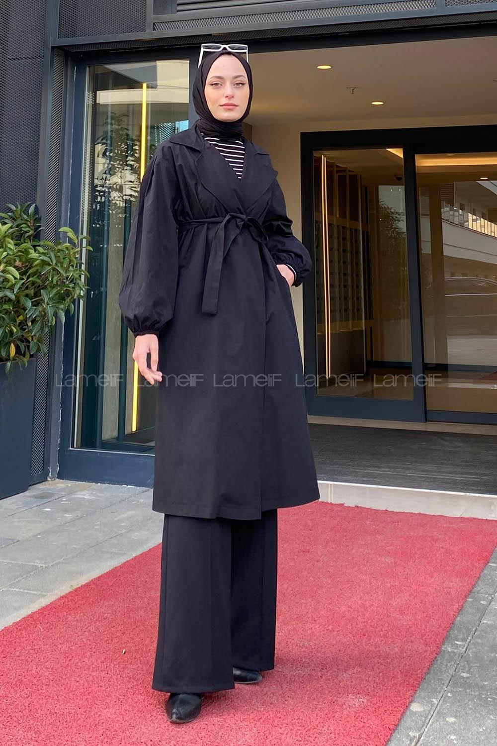 Lamelif Balon Kol Kuşaklı Trençkot Siyah