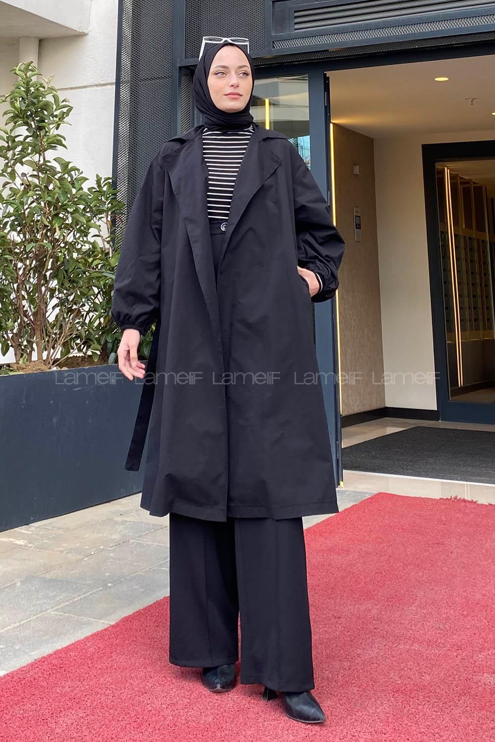 Lamelif Balon Kol Kuşaklı Trençkot Siyah