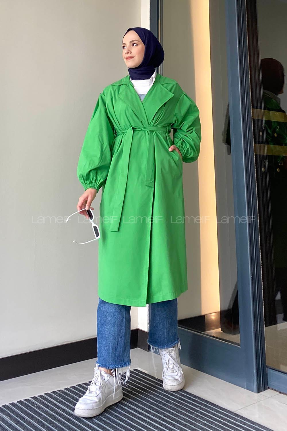 Lamelif Balon Kol Kuşaklı Trençkot Yeşil