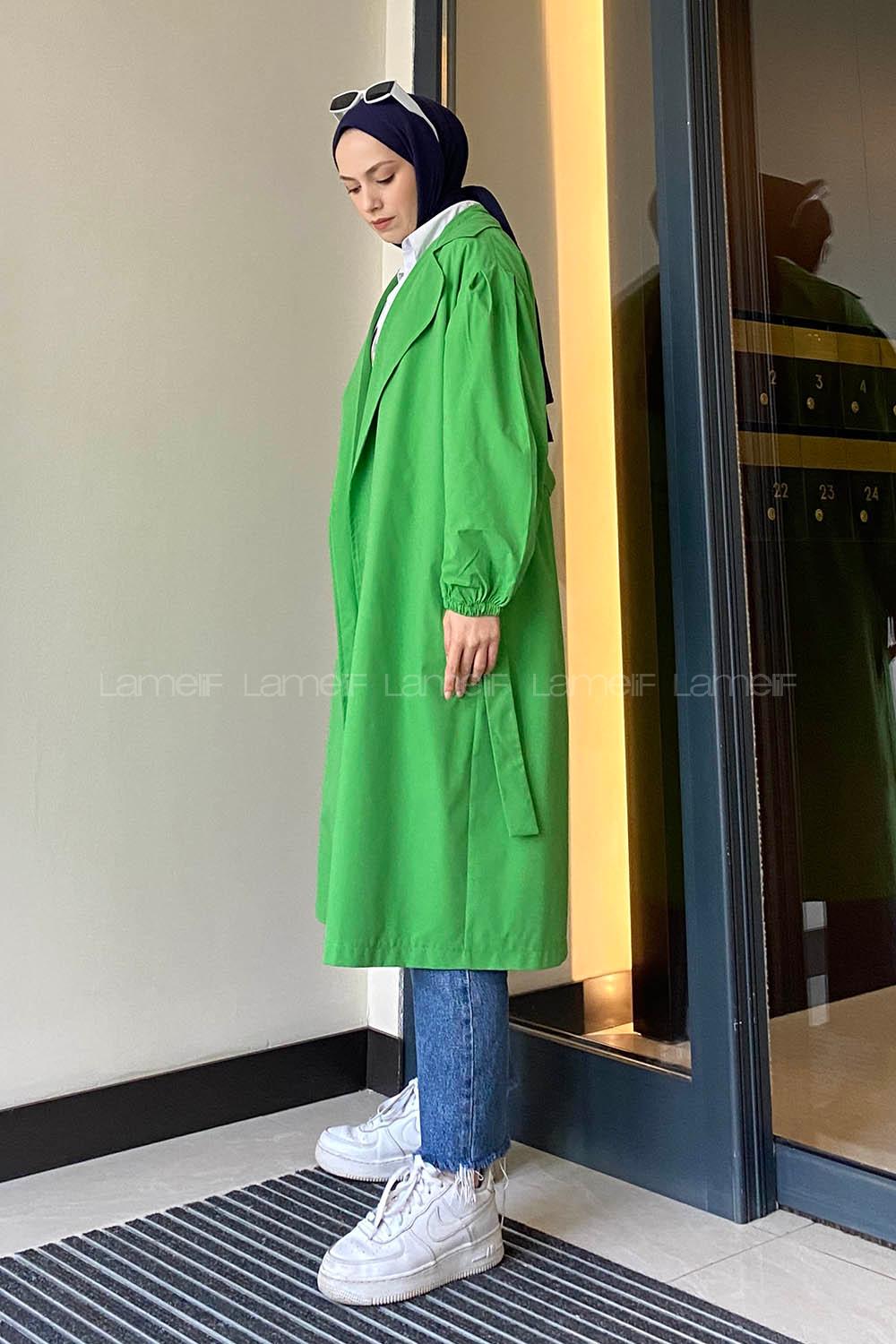 Lamelif Balon Kol Kuşaklı Trençkot Yeşil