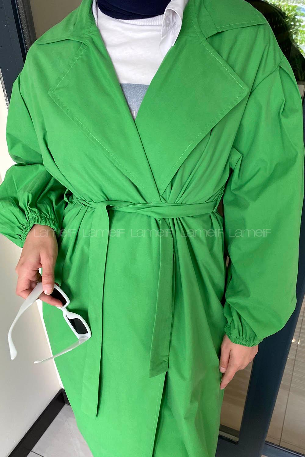 Lamelif Balon Kol Kuşaklı Trençkot Yeşil