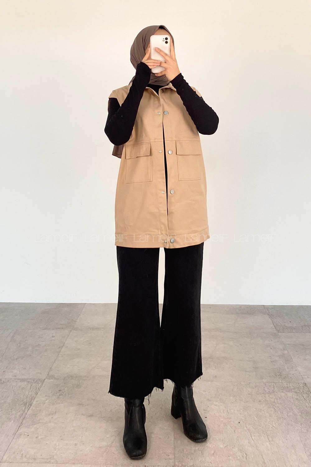 Lamelif Önü Çıtçıt Düğmeli Yelek Bej