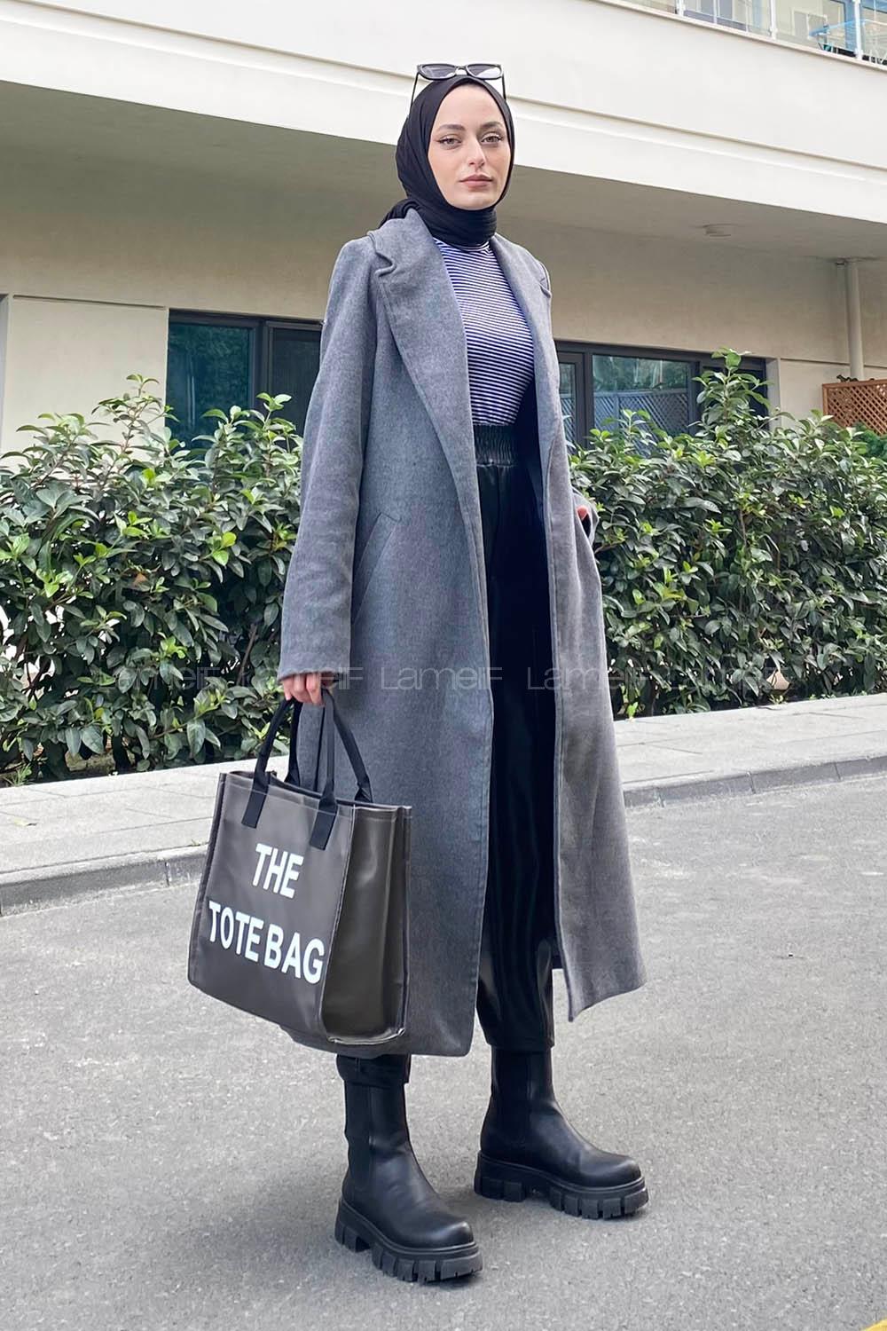 Modalamelif Belden Bağlamalı Kaşe Kaban Antrasit