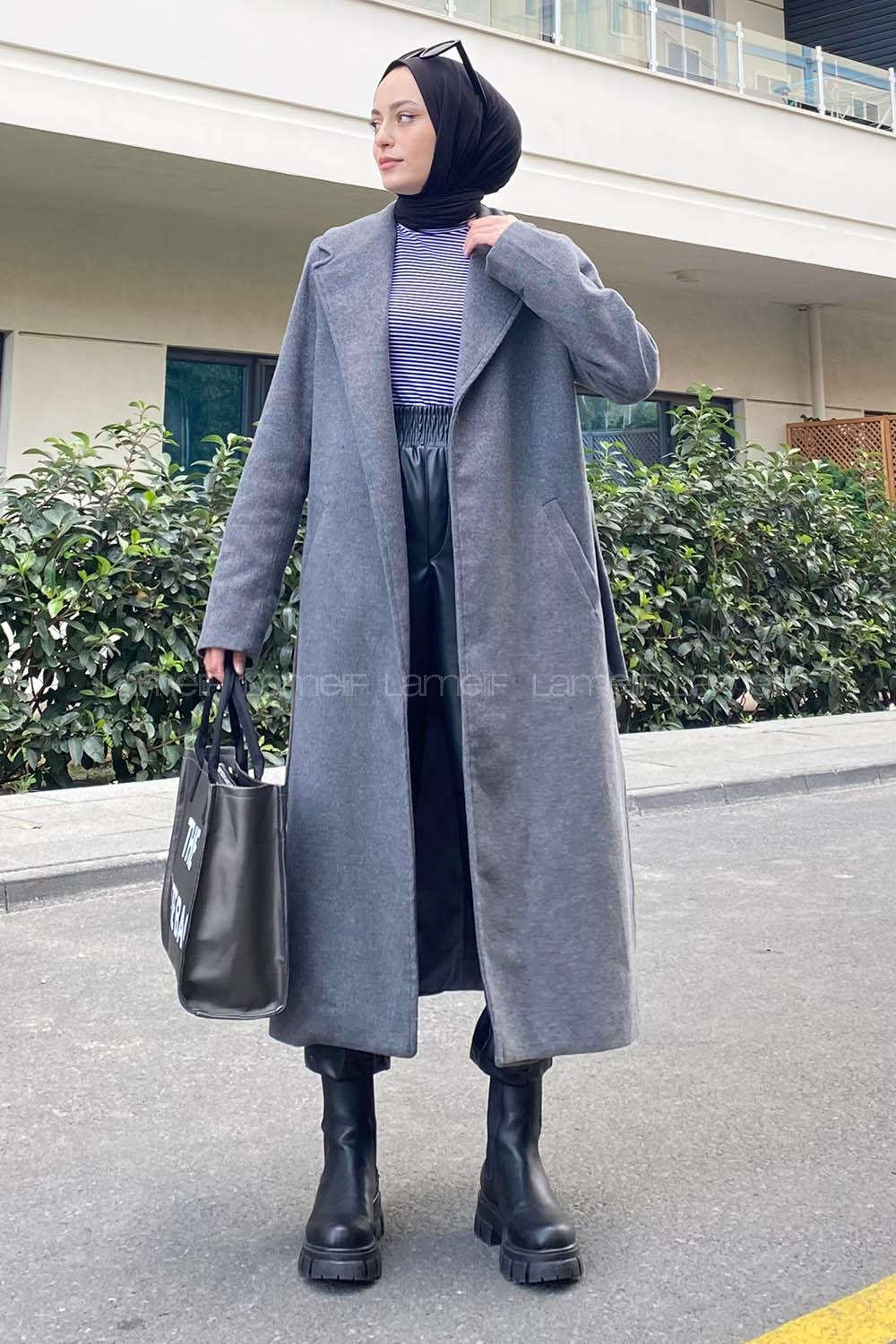 Modalamelif Belden Bağlamalı Kaşe Kaban Antrasit