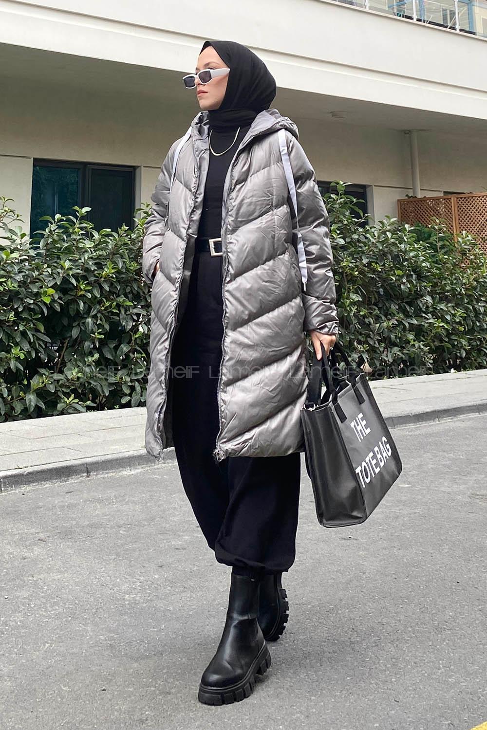 Modalamelif Kapşonlu Şişme Mont Gri