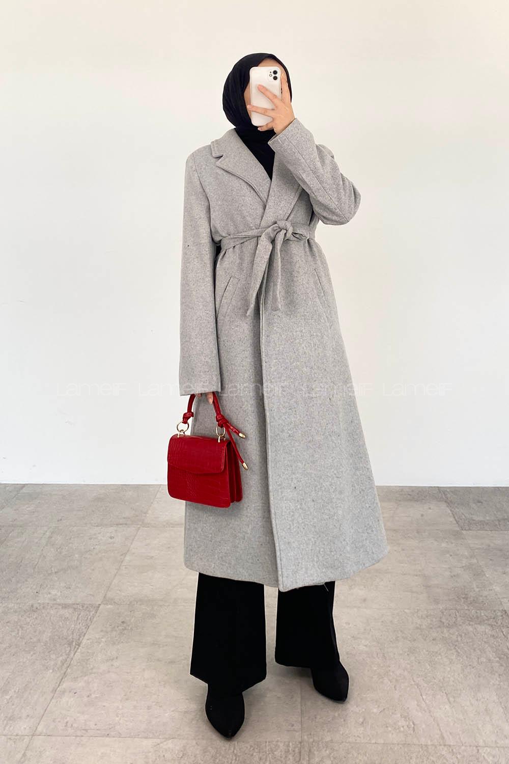 Modalamelif Belden Bağlamalı Kaşe Kaban Gri