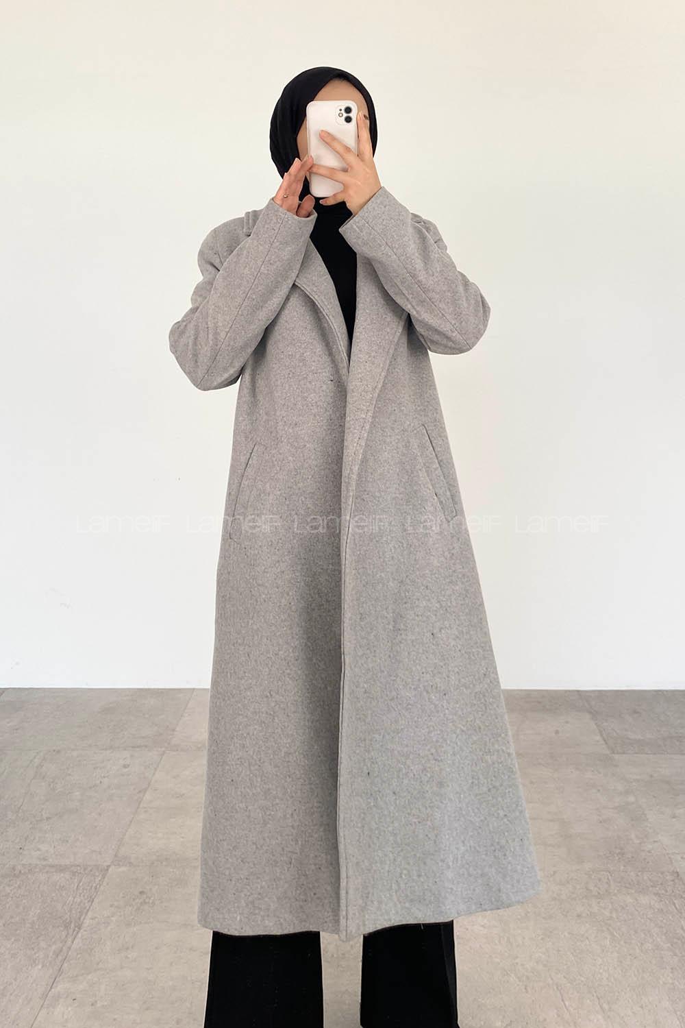 Modalamelif Belden Bağlamalı Kaşe Kaban Gri