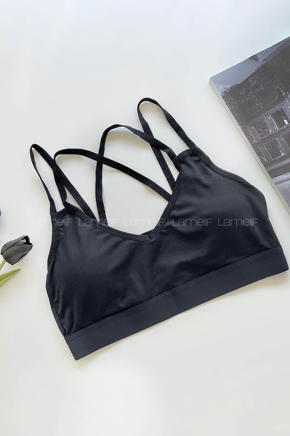 Lamelif Sırttan Çapraz Askılı Pedli Sporcu Sütyen Siyah Renk