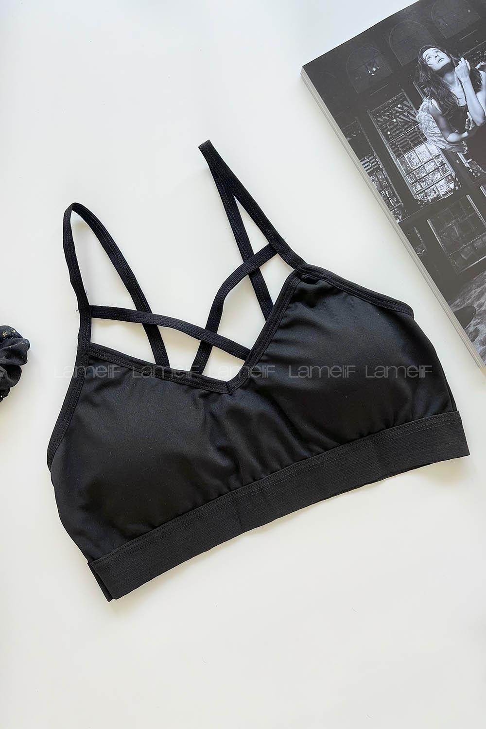 Lamelif Önü Çapraz Askılı Pedli Sporcu Sütyen Siyah Renk