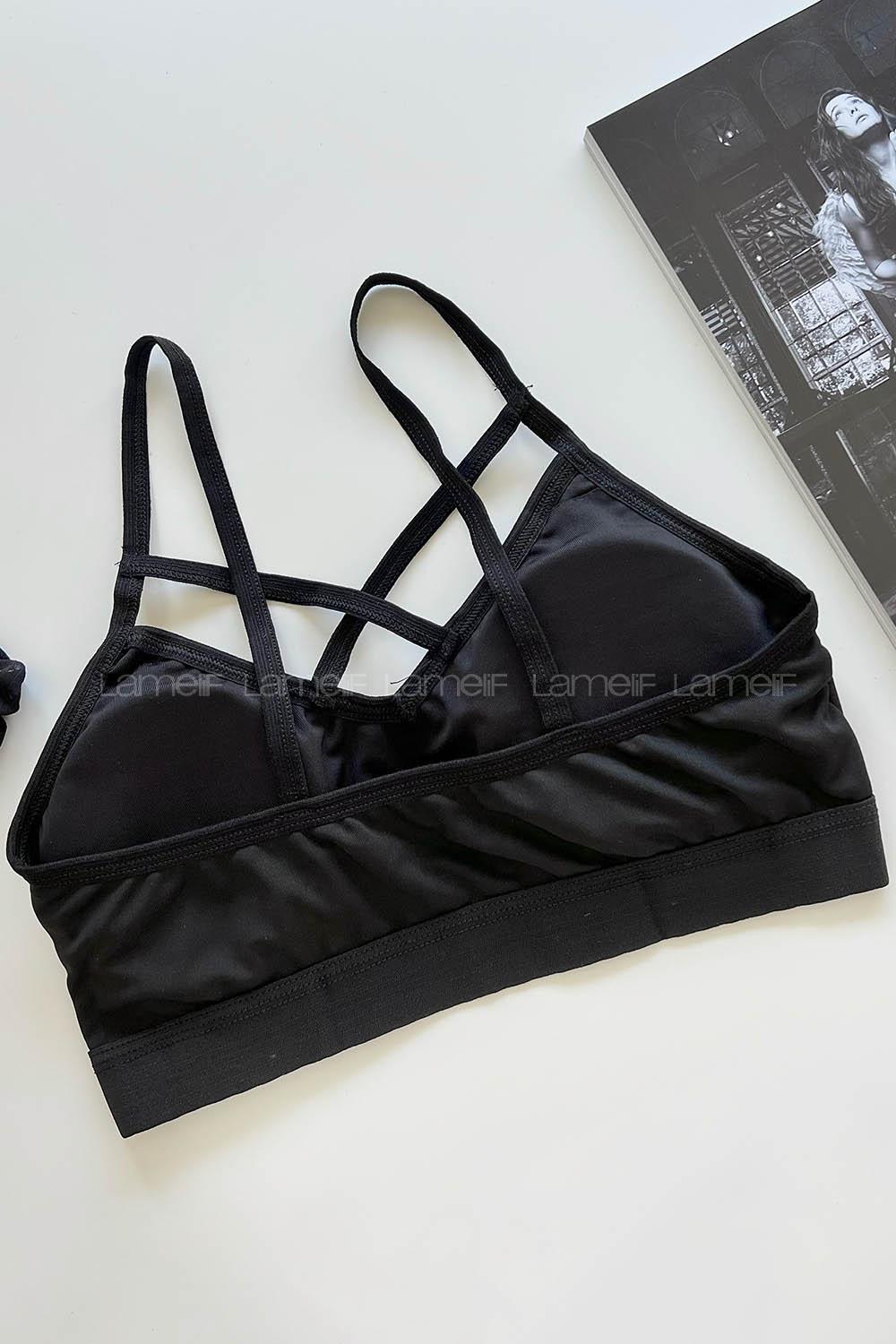 Lamelif Önü Çapraz Askılı Pedli Sporcu Sütyen Siyah Renk