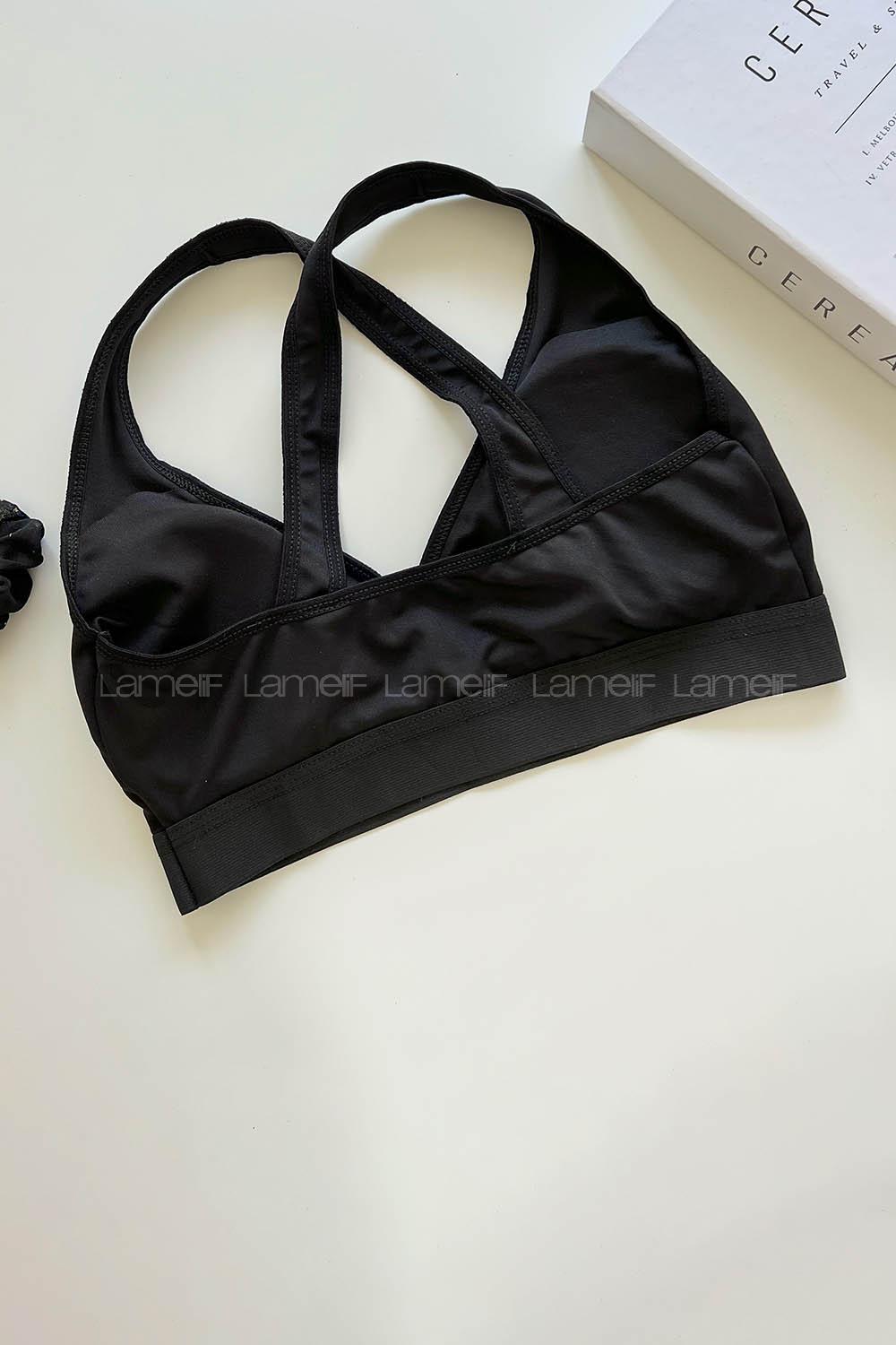 Lamelif Sırt Çapraz Askılı Pedli Sporcu Sütyen Siyah Renk