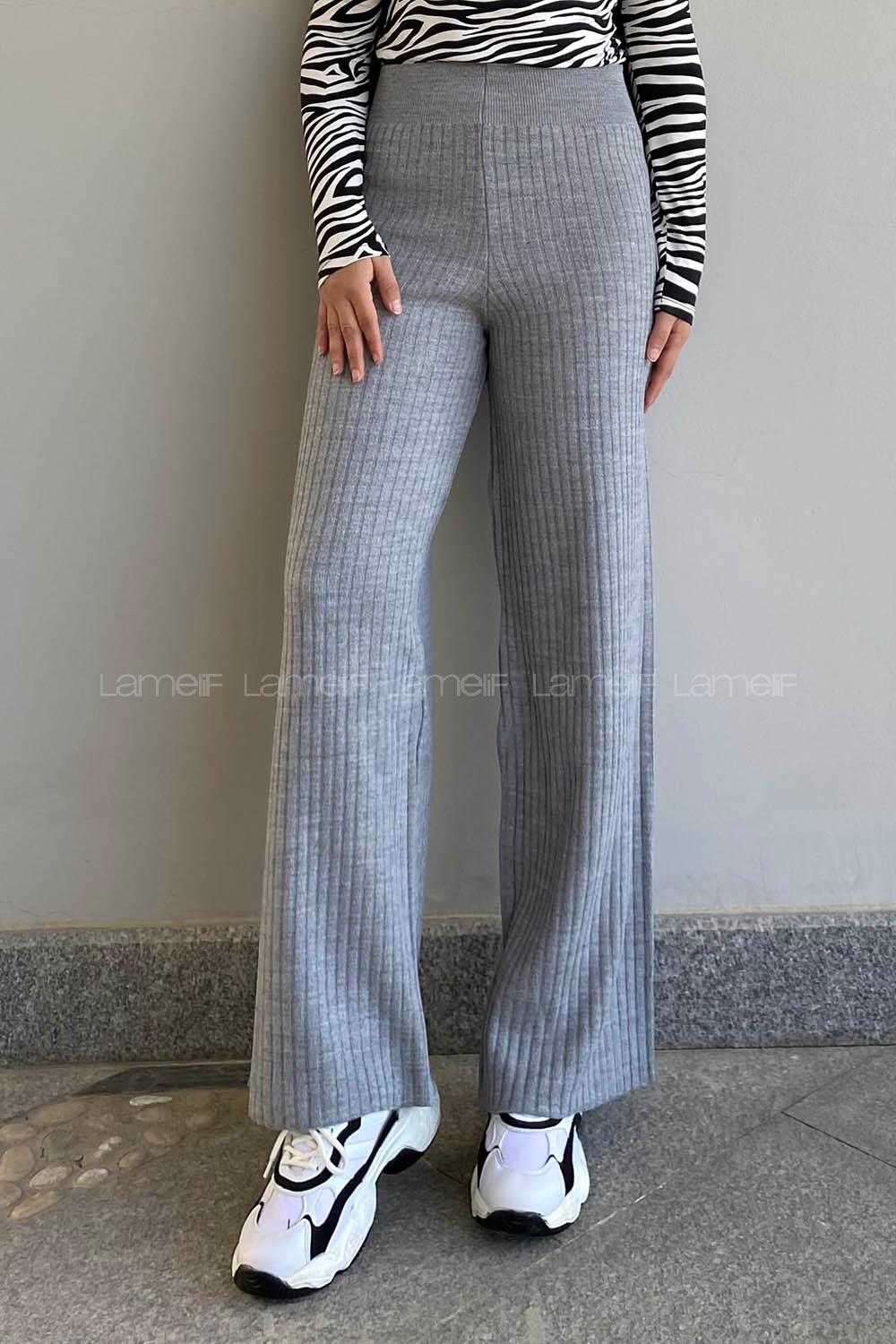 Modalamelif Bel Lastikli Fitil Detaylı Bol Paça Triko Pantolon Gri