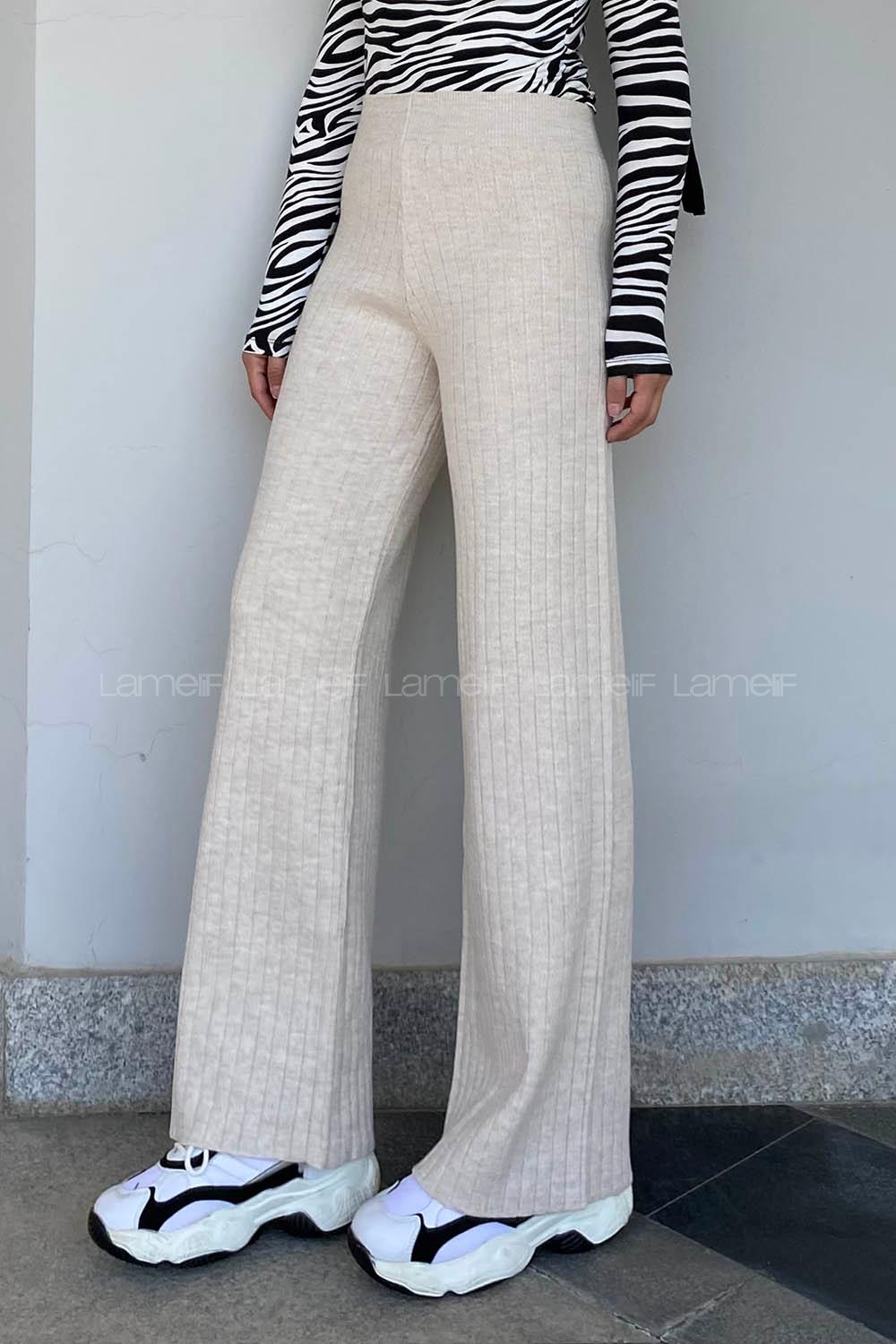 Modalamelif Bel Lastikli Fitil Detaylı Bol Paça Triko Pantolon Krem