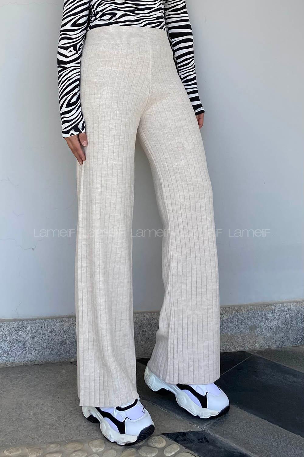 Modalamelif Bel Lastikli Fitil Detaylı Bol Paça Triko Pantolon Krem