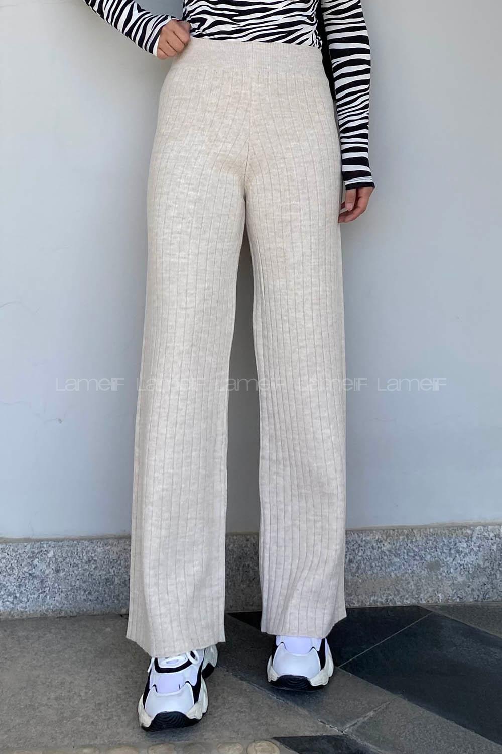 Modalamelif Bel Lastikli Fitil Detaylı Bol Paça Triko Pantolon Krem