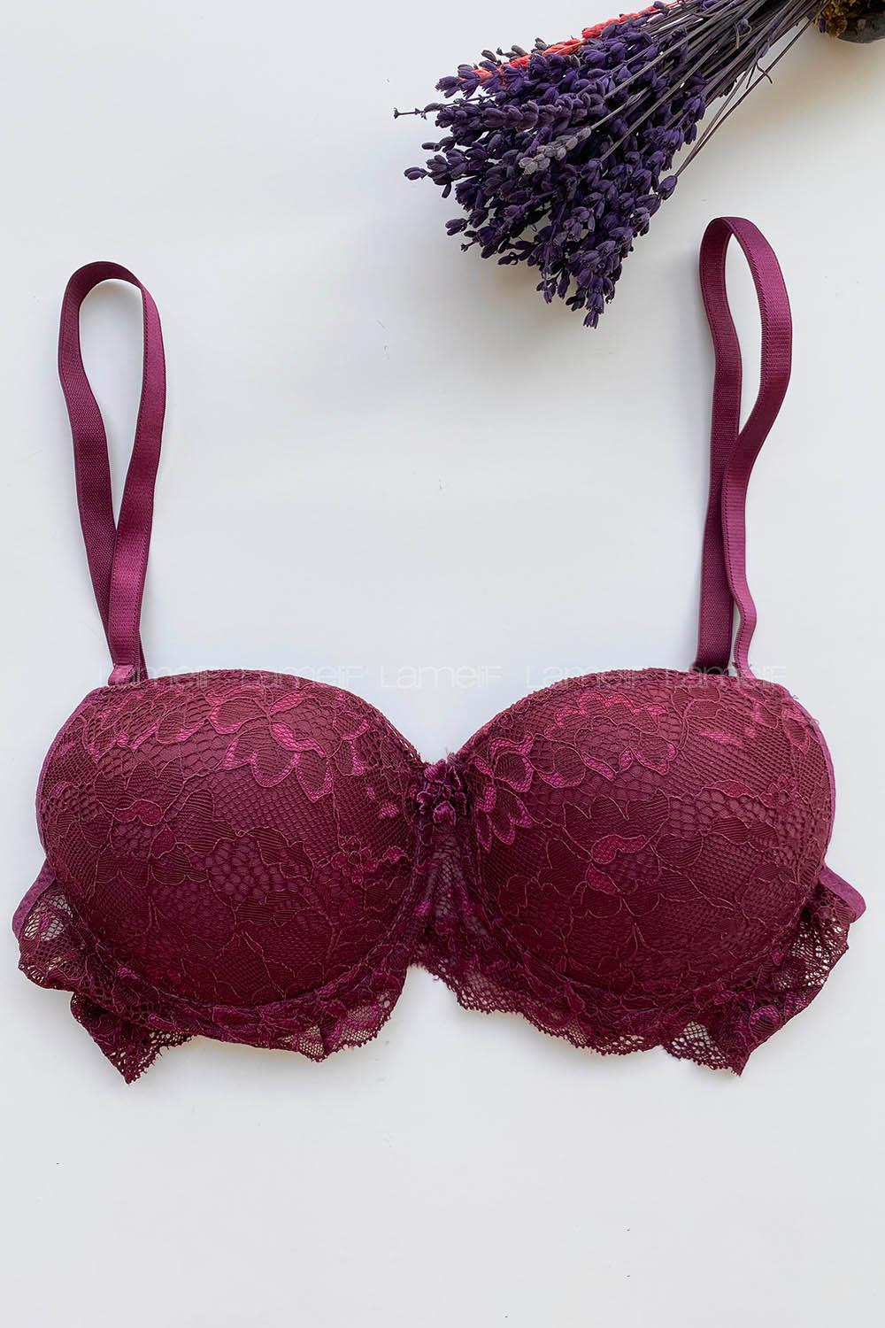 Lamelif Ebru Destekli Slikonlu Dantel Sütyen Mürdüm Renk