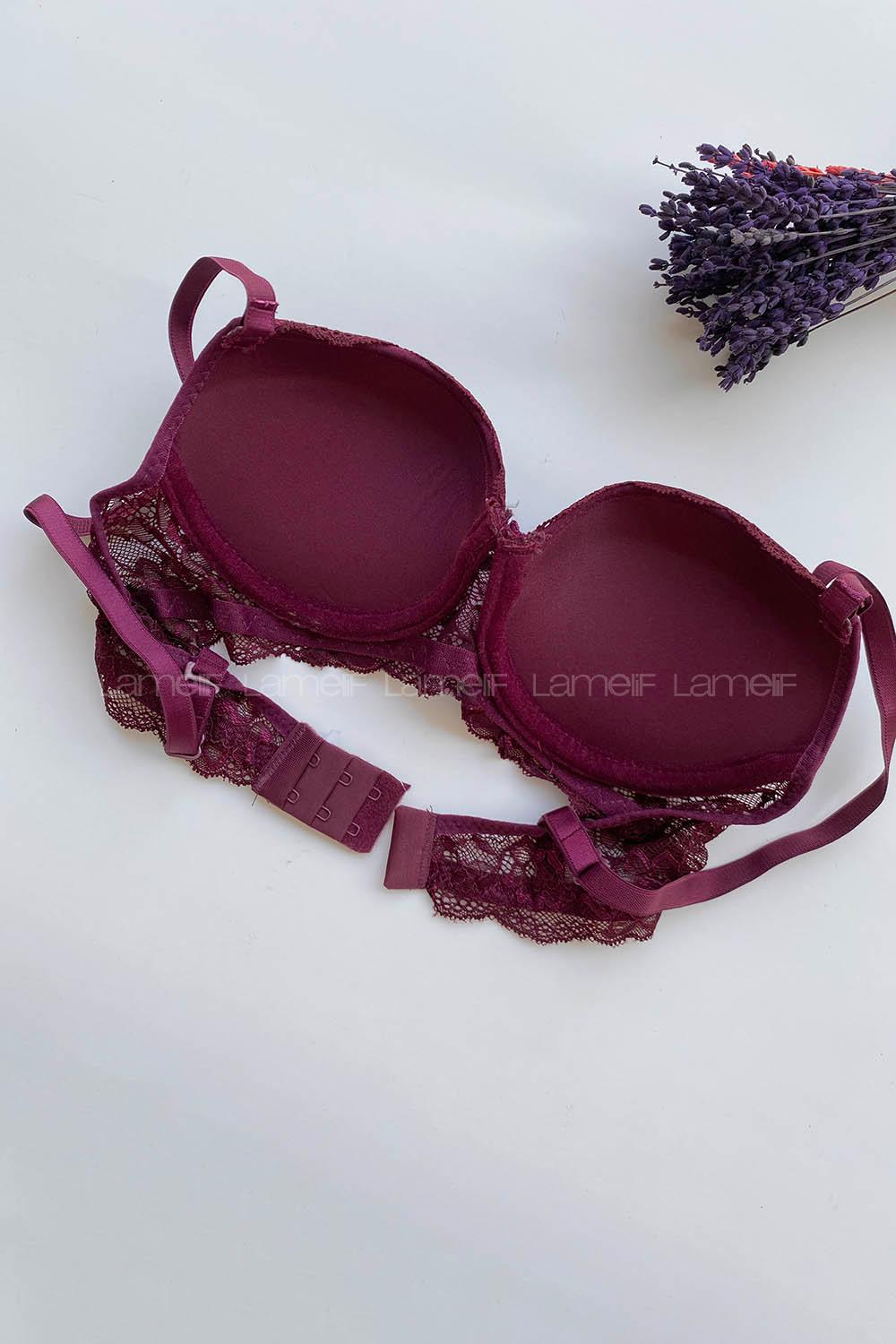 Lamelif Ebru Destekli Slikonlu Dantel Sütyen Mürdüm Renk