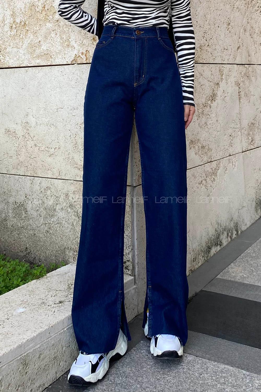 Lamelif Paça İç Yırtmaç Bol Paça Jean Koyu Mavi