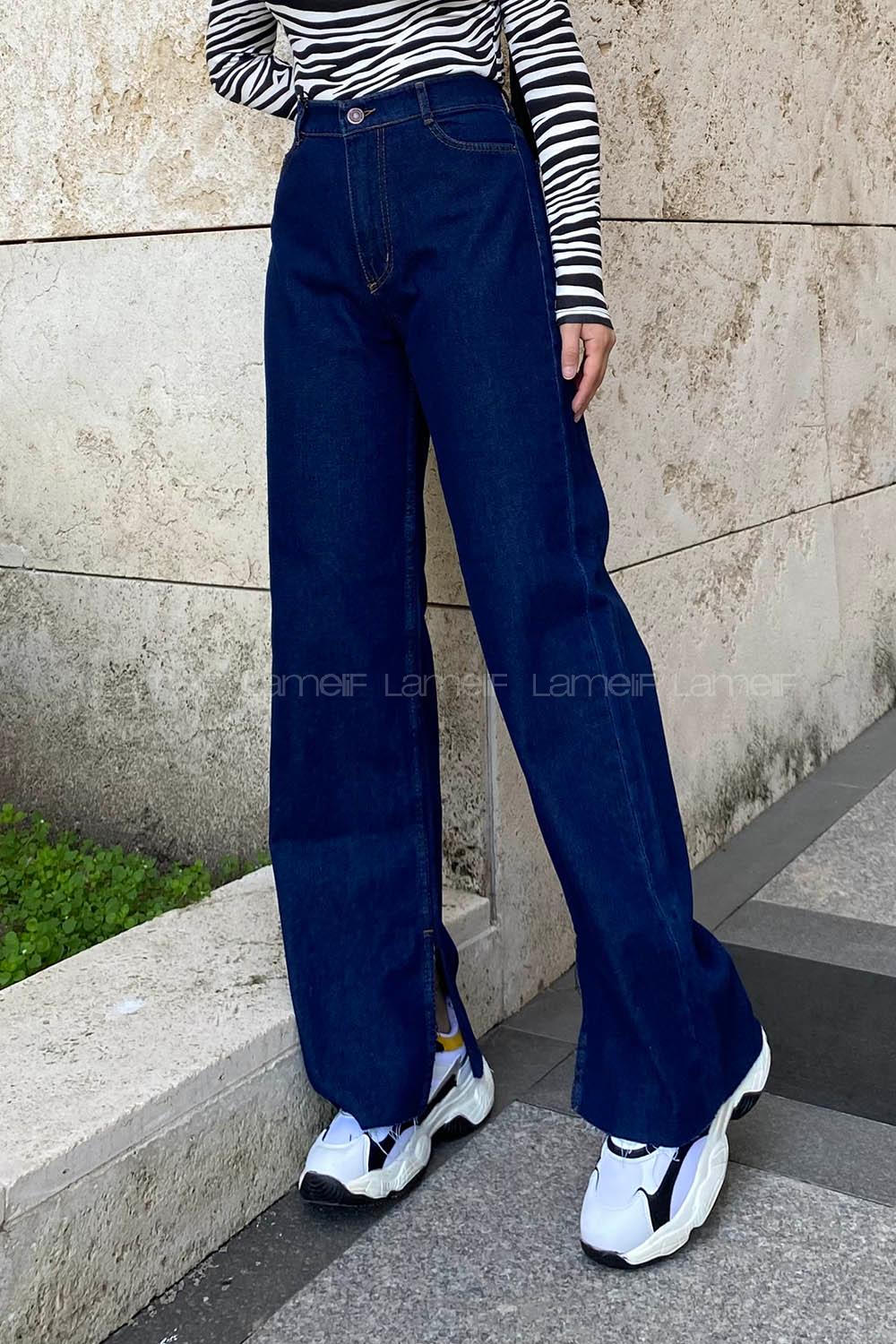 Lamelif Paça İç Yırtmaç Bol Paça Jean Koyu Mavi